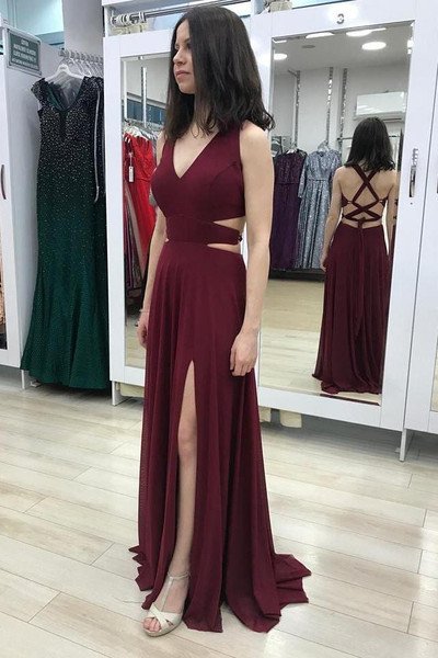 Shop Cut Out Sheath V Neck Chiffon Burgundy Long Prom Dress with Slit Under 100
