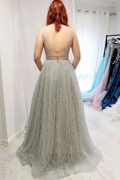 Shop 2020 Sexy Sparkly A-Line Plunging Neckline Backless Silver Tulle Long Prom Dress Under 130