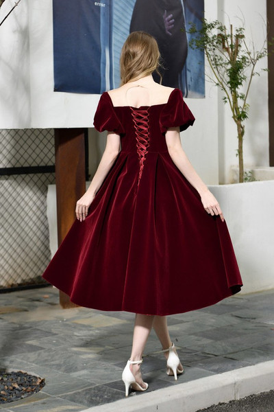 Shop Cheap Short Sleeves Lace-up Back Burgundy Mid-Calf Ankle Length Velvet Prom Dress Under 100