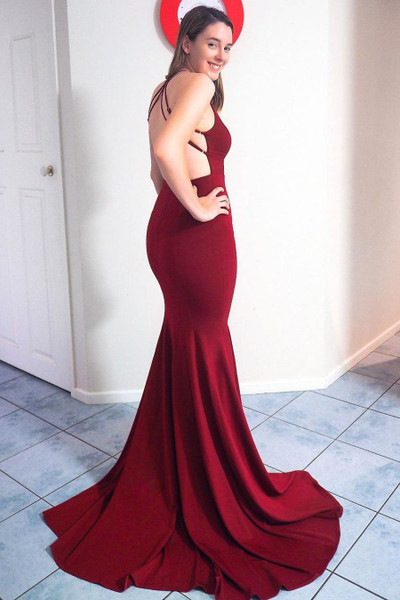 Shop Backless 2020 Burgundy Satin V Neck Mermaid Open Back and Slit Long Prom Dress  Under 130