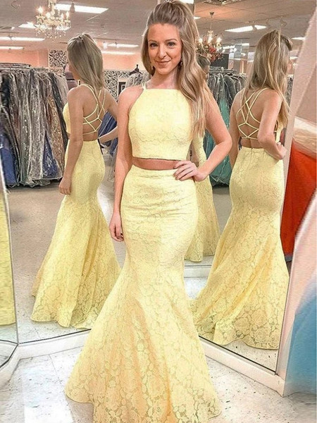 Shop 2020 New Two Pieces Mermaid Cross Back Yellow Lace Prom Dress Under 200