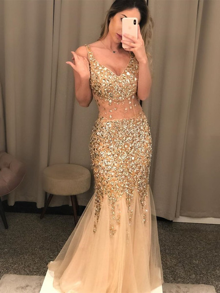 Shop Sexy See Through V Neck Mermaid Golden Long Prom Dresses with Rhinestones Under 200