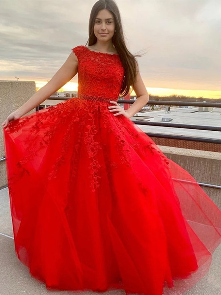 Shop 2020 Unique Tulle Beading Round Neck Cap Sleeves Lace Red Long Prom Dress Under 200