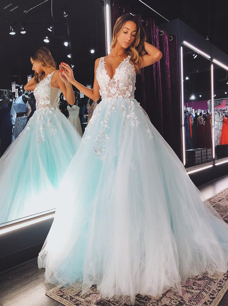 Shop 2020 Mint Tulle Ball Gown V-Neck Blue Backless Prom Dress with Appliques Under 150