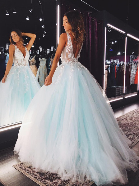 Shop 2020 Mint Tulle Ball Gown V-Neck Blue Backless Prom Dress with Appliques Under 150