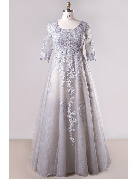 Plus Size Grey Long Lace Sleeve Mother Of The Brides Dress