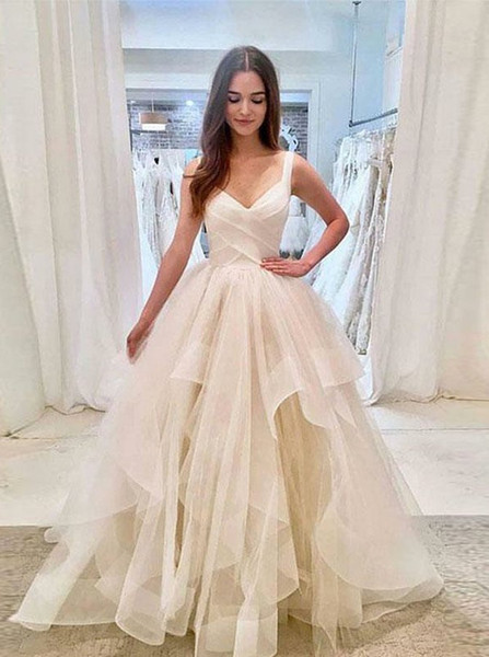 Shop Beautiful 2020  V-neck Tulle Ruffles Sleeveless White Formal Prom Party Dress Under 150
