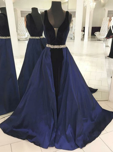 Shop Beautiful Satin Backless V-neck Navy Blue Prom Dress with Detachable Train Under 150