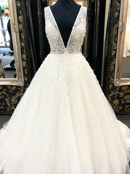 Shop 2020 White Ball Gown Tulle Deep V-neck Sleeveless Prom Dress with Appliques under 200