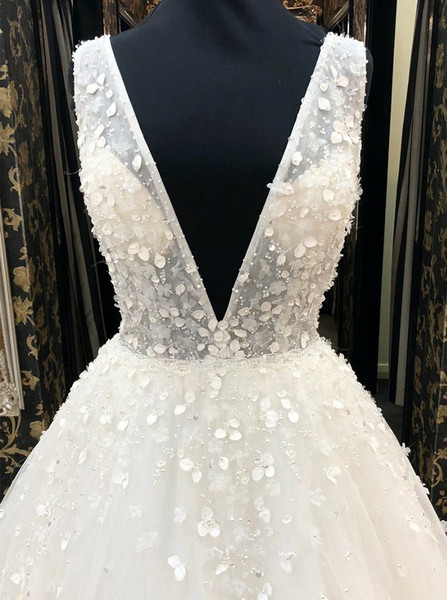 Shop 2020 White Ball Gown Tulle Deep V-neck Sleeveless Prom Dress with Appliques under 200