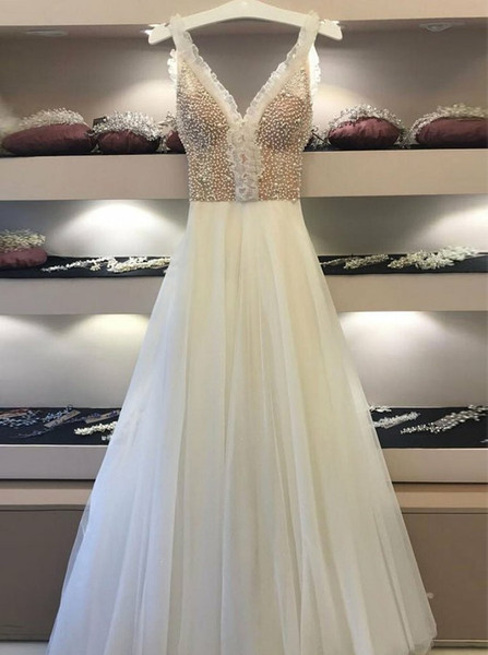 Sexy 2020 Unique  Tulle Backless V-neck White Prom Dress with Pearls Under 200