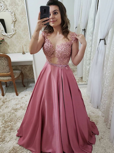 Shop Beautiful 2020 Cap Sleeves Blush Satin Illusion Round Neck Prom Dress with Appliques Under 100