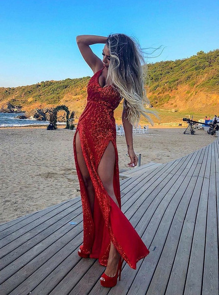 Shop 2020 New Arrival V-neck Sequin Sparkle Split Red Long Prom Dress Under 100