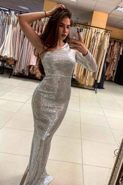 Shop 2020 Cheap One Shoulder Silver Sparkly Mermaid Long Prom Dress with Slit Under 200