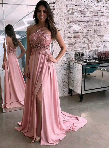 Shop Cheap 2020 Halter Appliques A-Line Pink Chiffon Prom Dress With Side Split Under 150