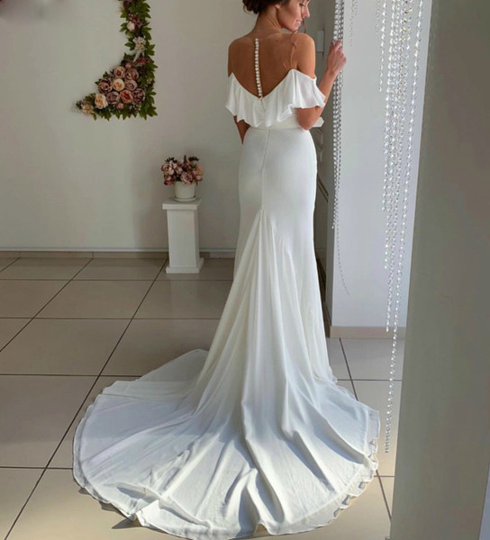 See Through Back Spring  Neck White Mermaid Chiffon Wedding Dress With Sash Under 130