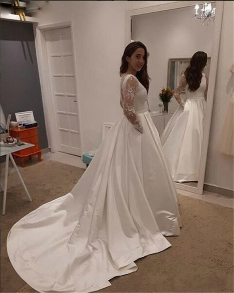Buy 2020  O-Neck Button Back Sweep Train White Satin Lace Long Sleeve Wedding Dress With Low Price