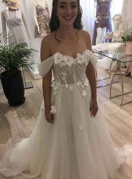Beautiful Floral 2020 Off the Shoulder 3D Flowers Beach Tulle Wedding Dress Under 200