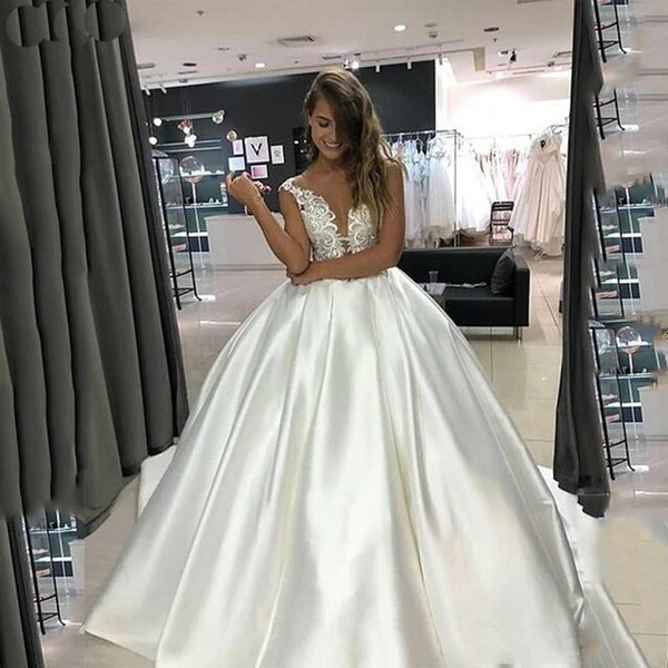 Shop Cheap 2020  Lace Appliques White Ball Gown Satin Wedding Dress With Pocket Under 200