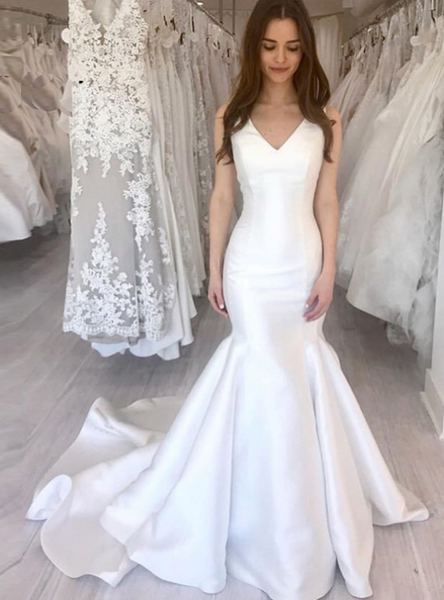 Shop 2020 Unique Satin V-neck Simple White Mermaid Wedding Dress From Annakoo