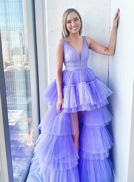 Buy Cheap Lavender Hi Lo Tulle V-neck A-Line Purple Tiered Beading Prom Dress For Sale