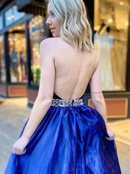 Shop 2020 Open Back V-neck Backless Beading Belt A-Line Blue Organza Prom Dress Under 200