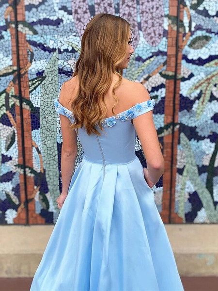 Buy Unique 2020 New 3D Appliques Blue Satin Off the Shoulder Beading Prom Dress With Wholesale Price