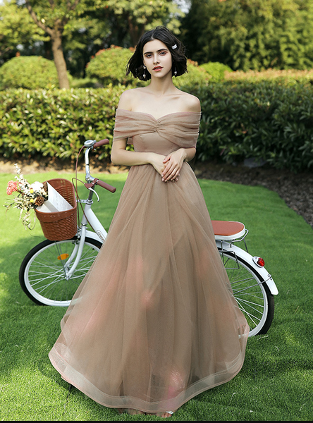 Shop Summer Beach Light Pink Tulle Off The Shoulder Floor Length A-line Bridesmaid Dresses Under 100