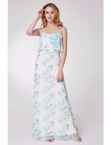 Spaghetti Straps Blue Floral Printed Long Bridesmaid Dress