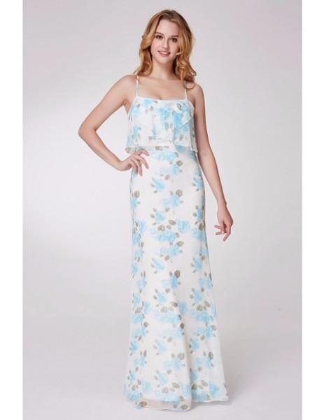Spaghetti Straps Blue Floral Printed Long Bridesmaid Dress