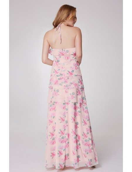Halter Strap Print Rose Pink Printed Party Dress