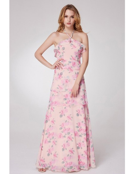 Halter Strap Print Rose Pink Printed Party Dress