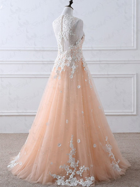 Shop Elegant High Neck White Lace Appliques Coral Tulle  Long Prom Dress With Low Price