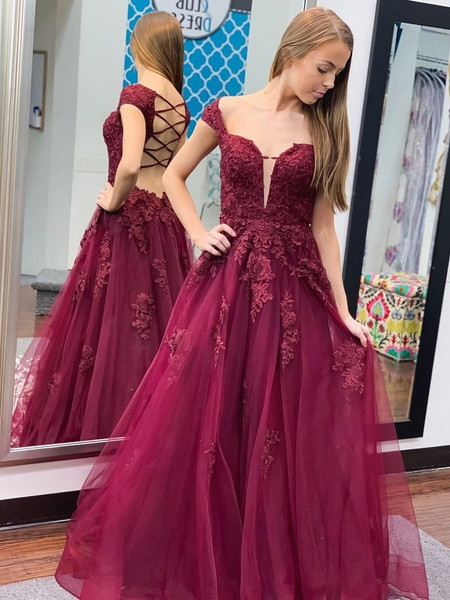 Shop Beautiful Open Back Off The Shoulder Burgundy Lace Prom Dress Under 200