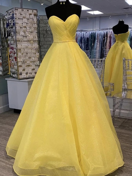 Shop 2020 New Arrival Beautiful Strapless Open Back Tulle Sequins Yellow Prom Dress Under 150