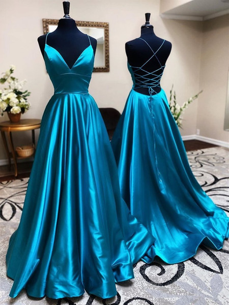 Shop Simple Cheap Sexy A Line V Neck Backless Teal Satin Long Prom Dress Under 100