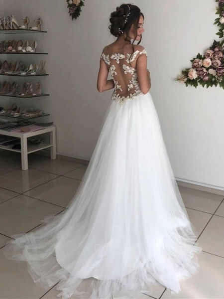 Shop 2020 See Through  Off the Shoulder Round Neck Tulle White Lace Wedding Dress Under 200