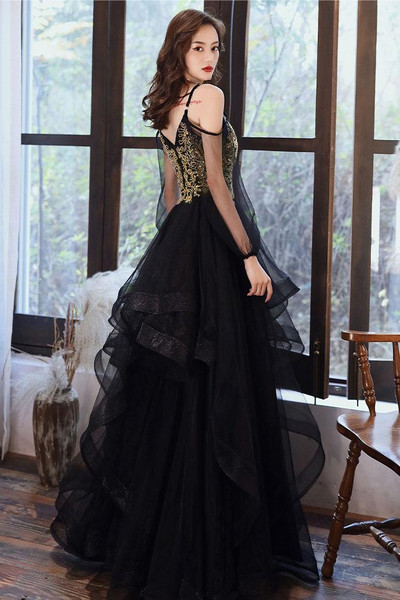 Buy 2020 Black Sweetheart Tulle Lace Applique Long Sleeve A Line Prom Dress Under 200