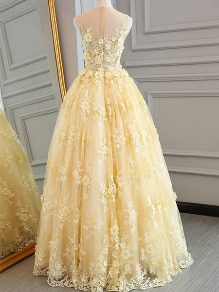 Shop 2020 Daffodil Floor Length Round Neck Appliques Yellow Lace Prom Dress From Annakoo