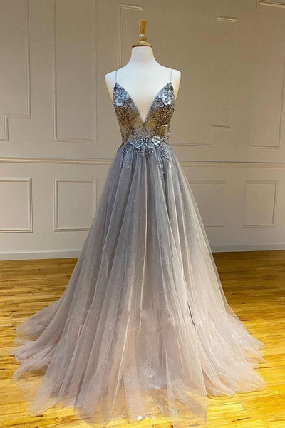 Shop 2020 Sexy Beading Flower Gray V Neck Tulle Long Prom Dress Under 200