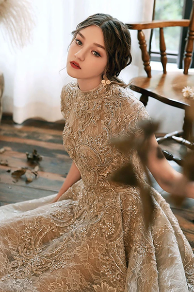 ow Price Guarantee Unique High Neck Gold Cap Sleeves High Low Lace Long Prom Dress