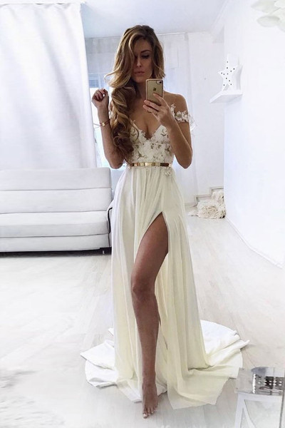 Choose the perfect White Sweetheart Off The Shoulder Lace Chiffon Long Prom Dress With Belt  huge 2020 collection