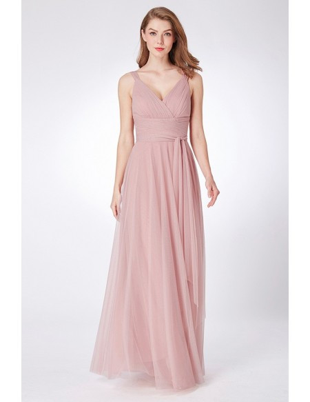 Dusty Rose Simple Pleated Long Tulle Bridesmaid Dress