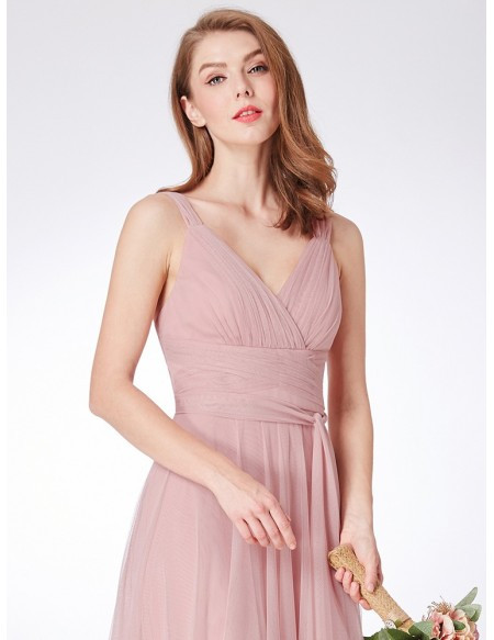 Dusty Rose Simple Pleated Long Tulle Bridesmaid Dress
