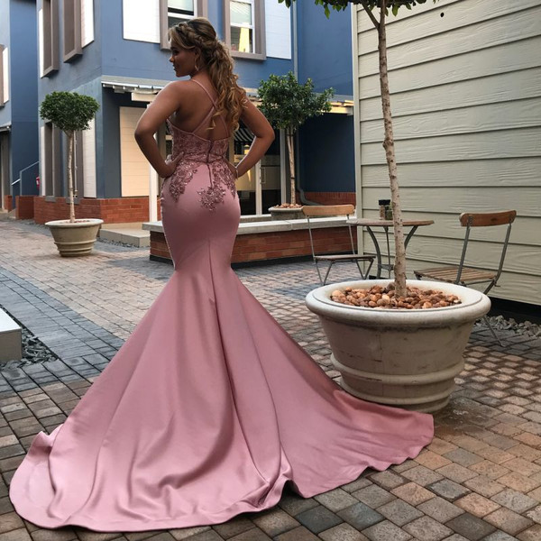 Spaghetti Straps Cheap Beads Appliques Open Back Mermaid Pink Prom Dress