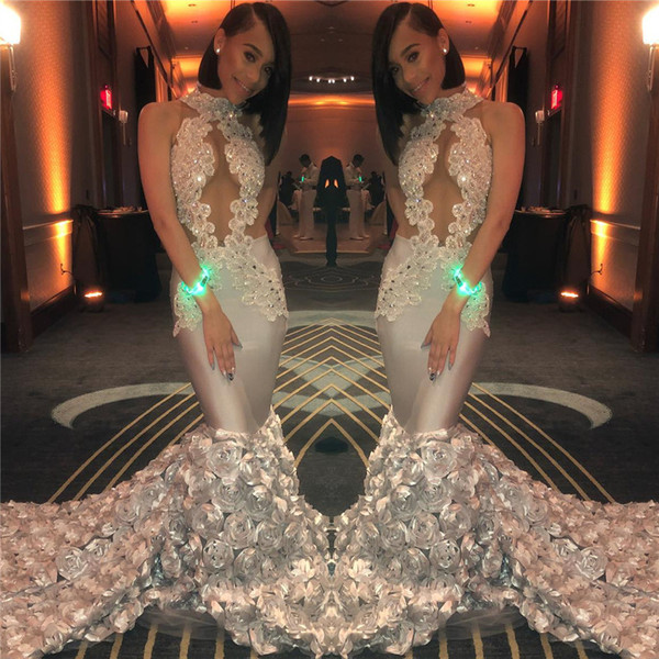 Shop Beautiful 2020 Mermaid Ruffled Flowers Long Silver Satin Beads Appliques Prom Dress Under 300