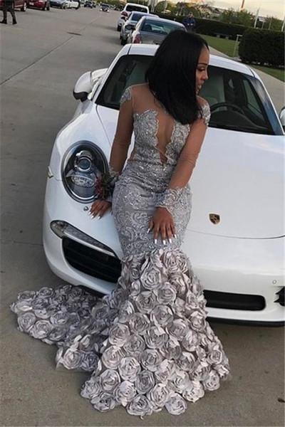 Buy Cheap 2020 Silver Long Mermaid Long Sleeve Flowers Appliques Court Train Prom Dress Under 200