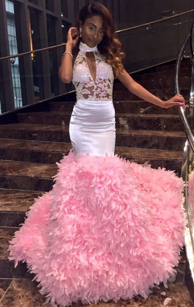 Shop Cheap 2020 Pink High Neck  Keyhole Appliques Ruffles Mermaid Prom Dresses Under 200