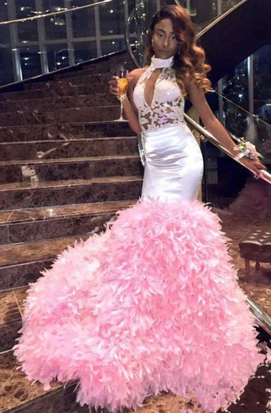 Shop Cheap 2020 Pink High Neck  Keyhole Appliques Ruffles Mermaid Prom Dresses Under 200
