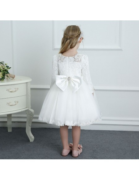 High Quality White Lace Long Sleeve Flower Girl Dress